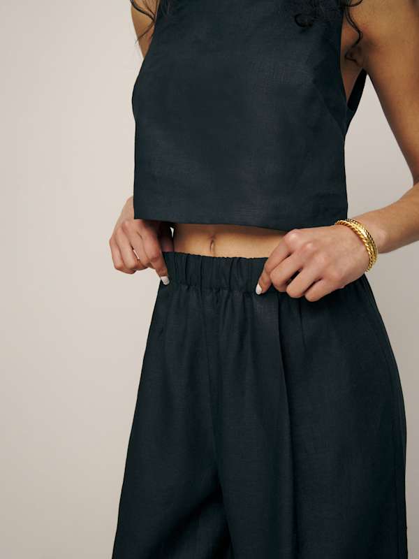 Petites Fernando Linen Wide Leg Pant - Black
