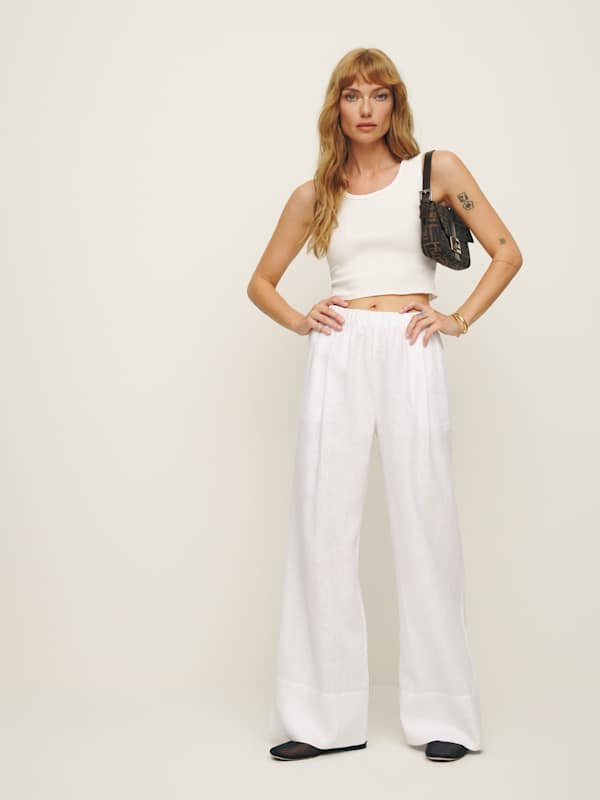 Pantalon large en lin Fernando sp&eacute;cial Petites - Blanc