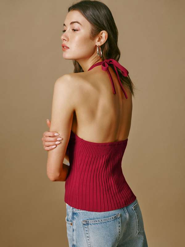 Delia Ribbed Halter Top - Lipstick