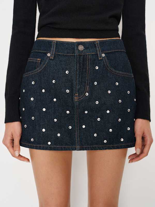 Hazel Low Rise Denim Mini Skirt - Ondine Rhinestuds
