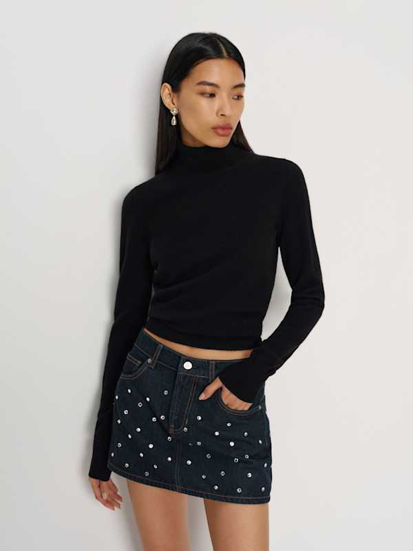 Hazel Low Rise Denim Mini Skirt - Ondine Rhinestuds