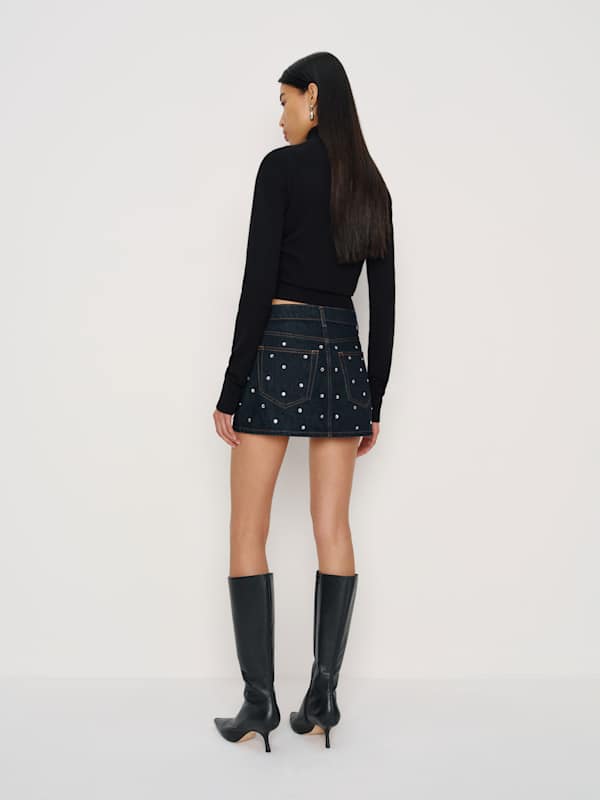 Hazel Low Rise Denim Mini Skirt - Ondine Rhinestuds