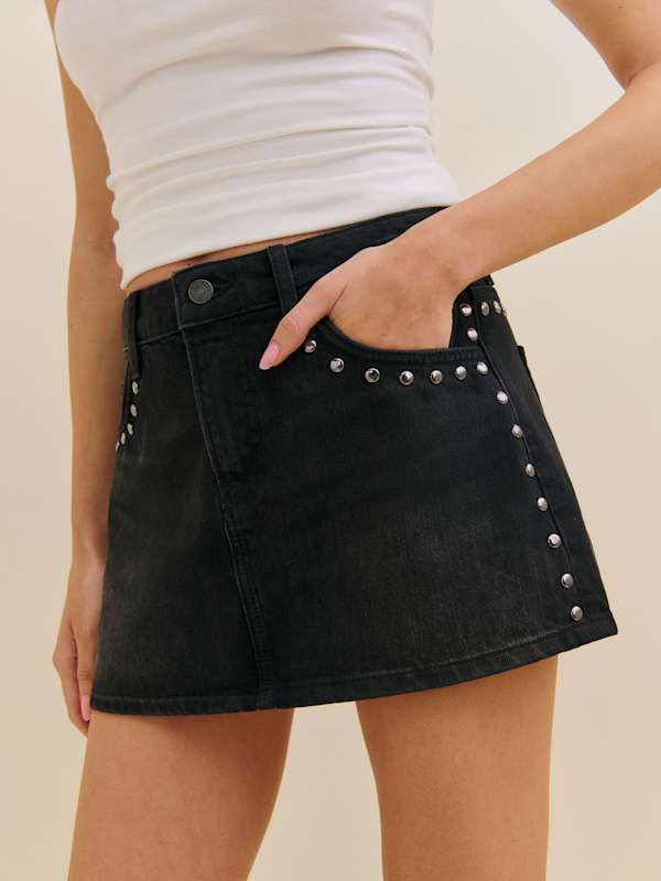 Hazel Low Rise Denim Mini Skirt - Vana Studded