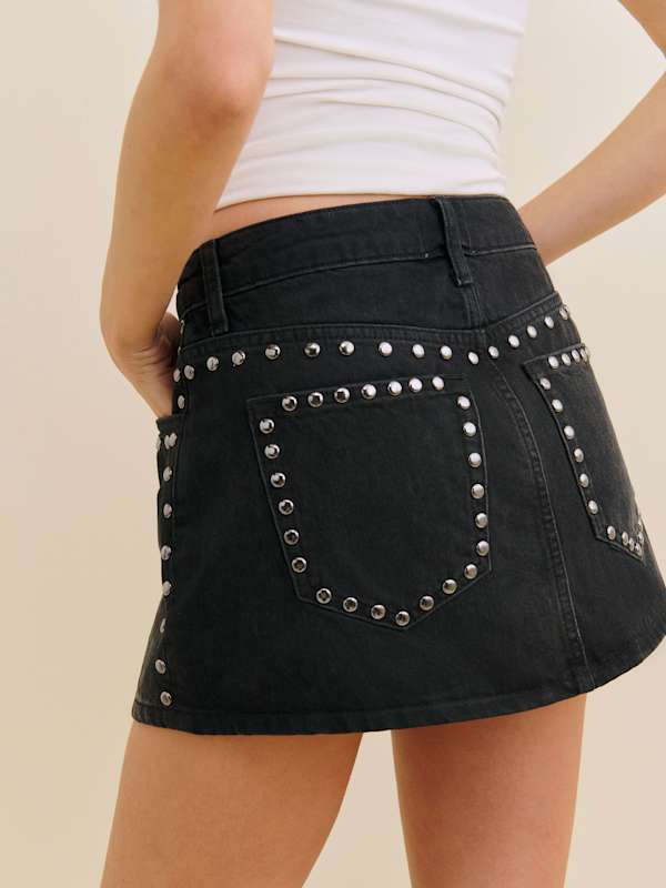 Hazel Low Rise Denim Mini Skirt - Vana Studded