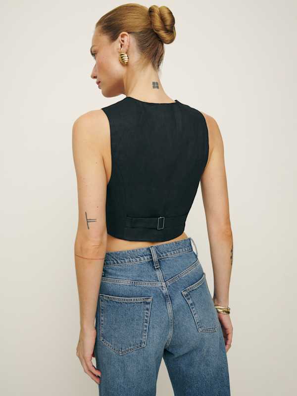 Sofia Cropped Linen Vest - Black
