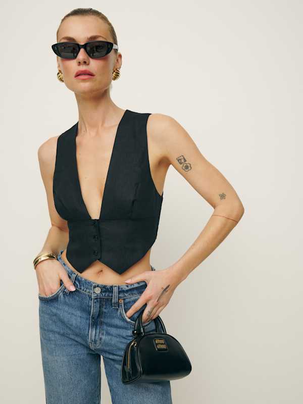 Sofia Cropped Linen Vest - Black