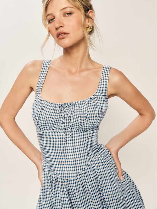 Petites Balia Linen Dress - Slate Check