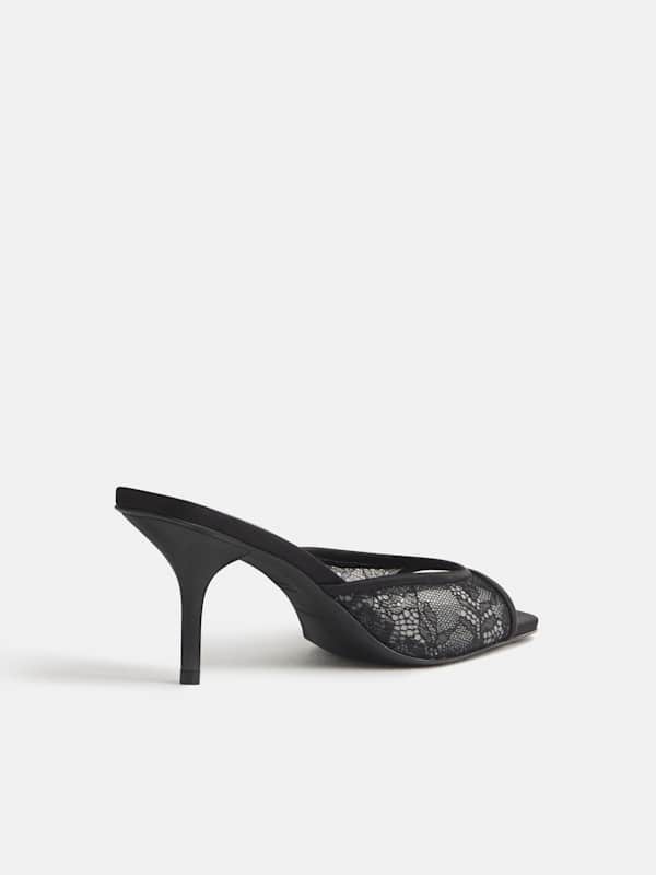 Clementine Heeled Mule Sandal - Black Lace