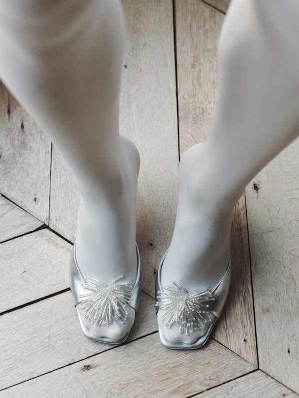 Clementine Heeled Mule Sandal - Silver Leather Pom