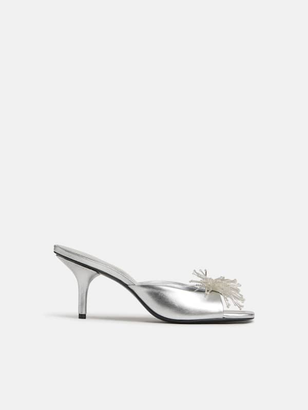 Clementine Heeled Mule Sandal - Silver Leather Pom