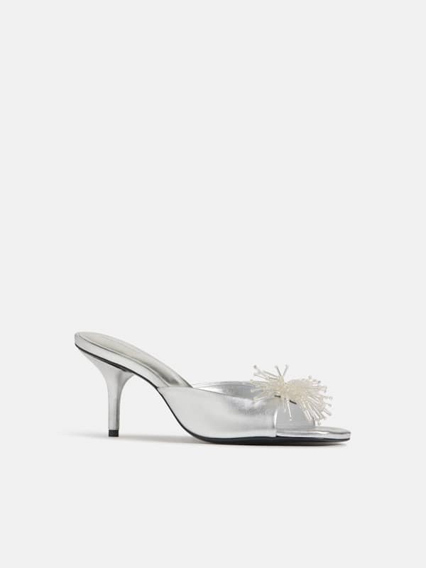 Clementine Heeled Mule Sandal - Silver Leather Pom