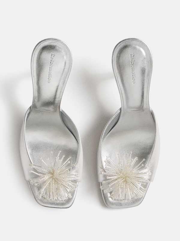 Clementine Heeled Mule Sandal - Silver Leather Pom