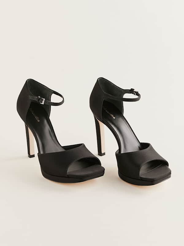 Gloria Heeled Platform Sandal - Black Satin