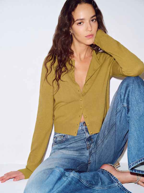 Caspia Cashmere Cropped Cardigan - Chartreuse