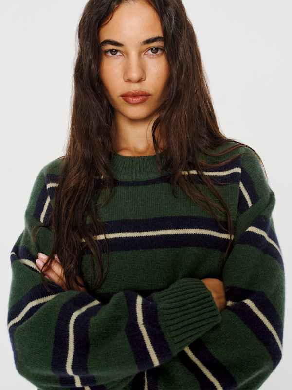 Cove Cashmere Oversized Crew - Dark Pine Multi Stripe