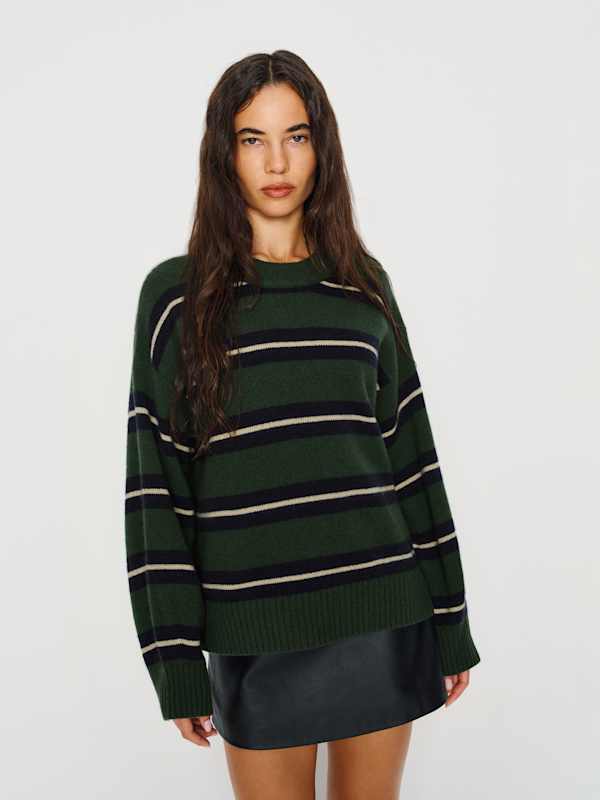 Cove Cashmere Oversized Crew - Dark Pine Multi Stripe