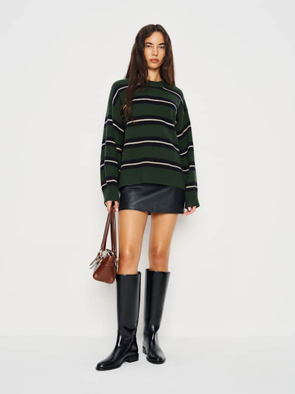 Cove Cashmere Oversized Crew - Dark Pine Multi Stripe