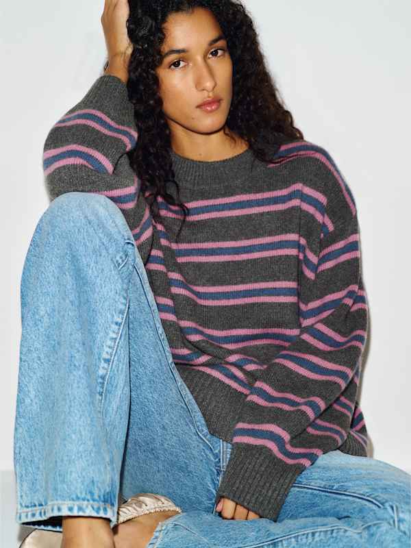 Cove Cashmere Oversized Crew - Flannel Narcissus Stripe