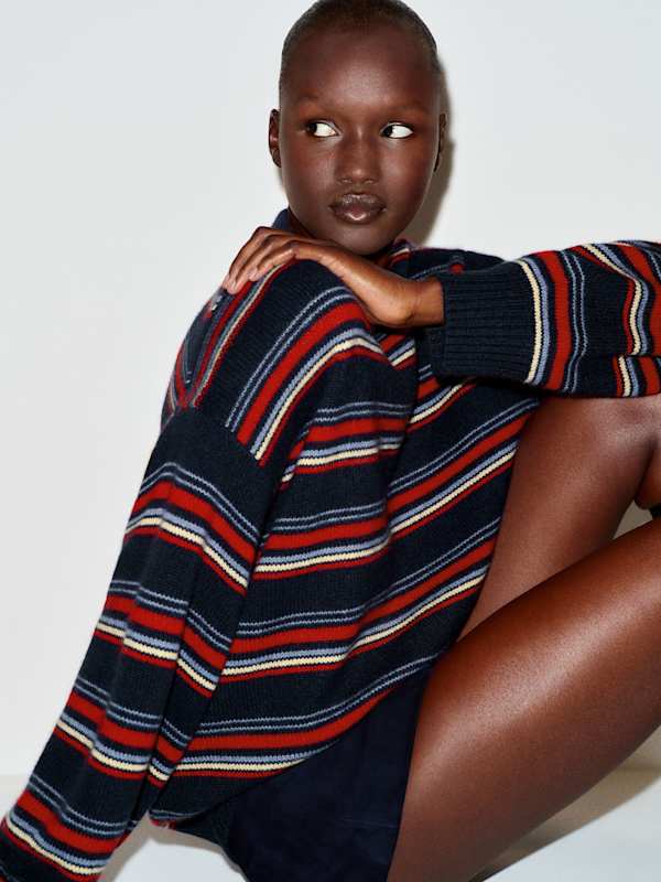 Cove Cashmere Oversized Crew - Navy Neptune Blue Multi Stripe