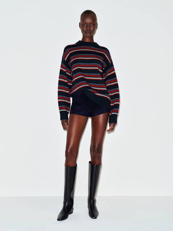 Cove Cashmere Oversized Crew - Navy Neptune Blue Multi Stripe