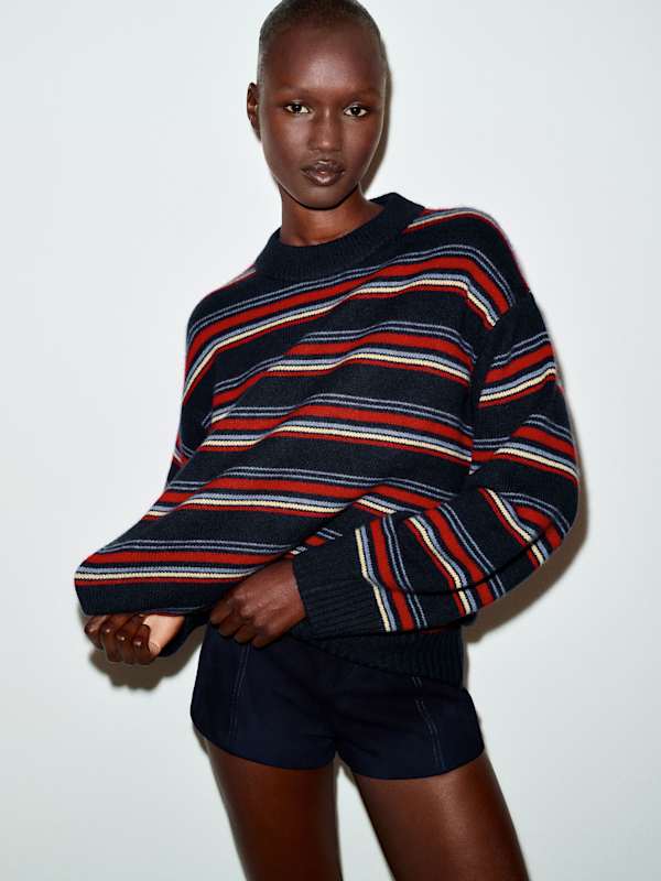 Cove Cashmere Oversized Crew - Navy Neptune Blue Multi Stripe