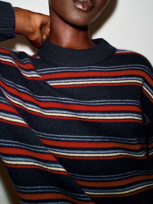 Cove Cashmere Oversized Crew - Navy Neptune Blue Multi Stripe