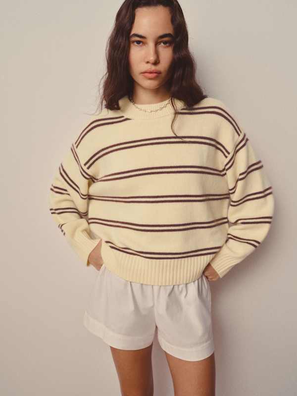 Cove Cashmere Oversized Crew - Parmesan Mahogany Double Stripe