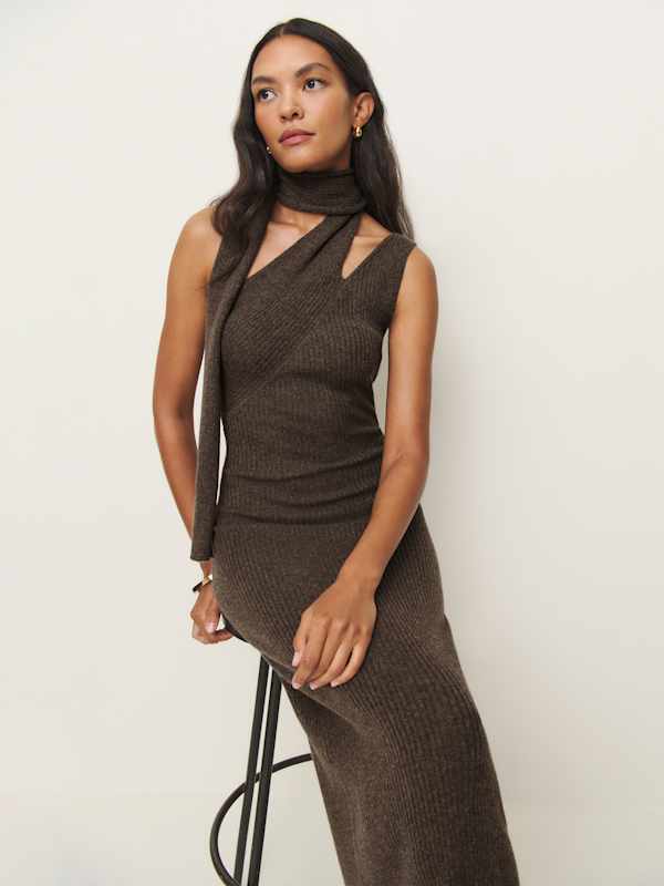 Julianna Cashmere Scarf Sweater Dress - Walnut