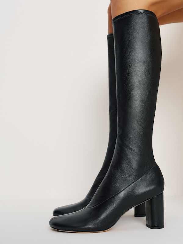 Belinda Knee High Boot - Black Stretch Leather