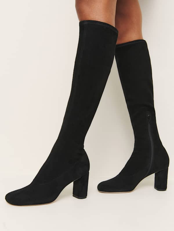 Belinda Knee High Boot - Black Stretch Suede