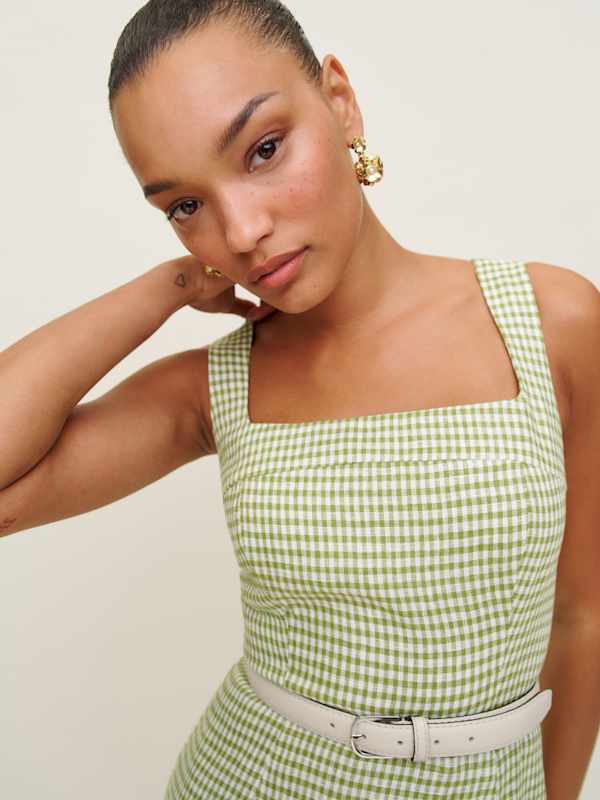 Celosia Linen Dress - Avocado Check