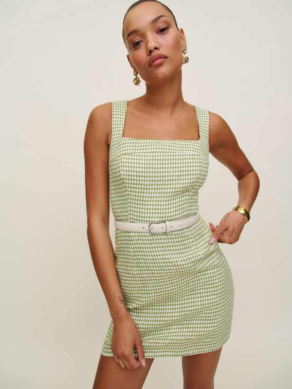 Celosia Linen Dress - Avocado Check