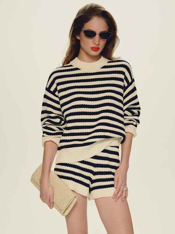 Collie Oversized Cotton Crew - Navy Fior Di Latte Textured Stripe