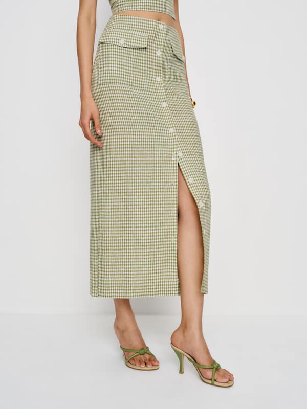 Britt Linen Skirt - Avocado Check