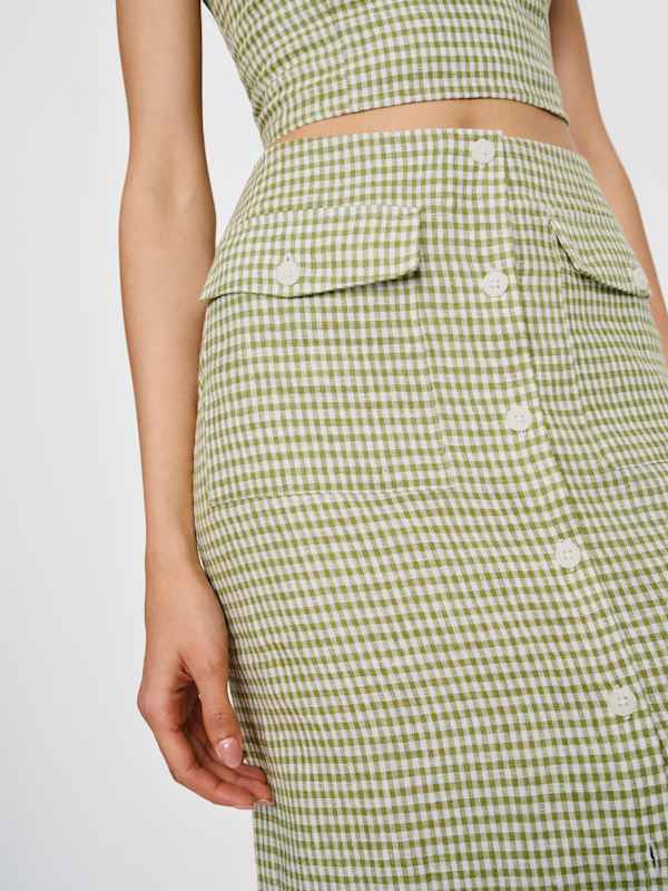 Britt Linen Skirt - Avocado Check