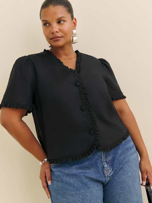 Bess Linen Top Es - Black