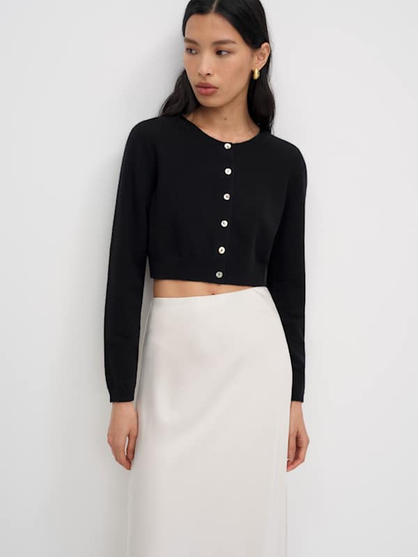 Janie Cashmere Crew Cardigan - Black