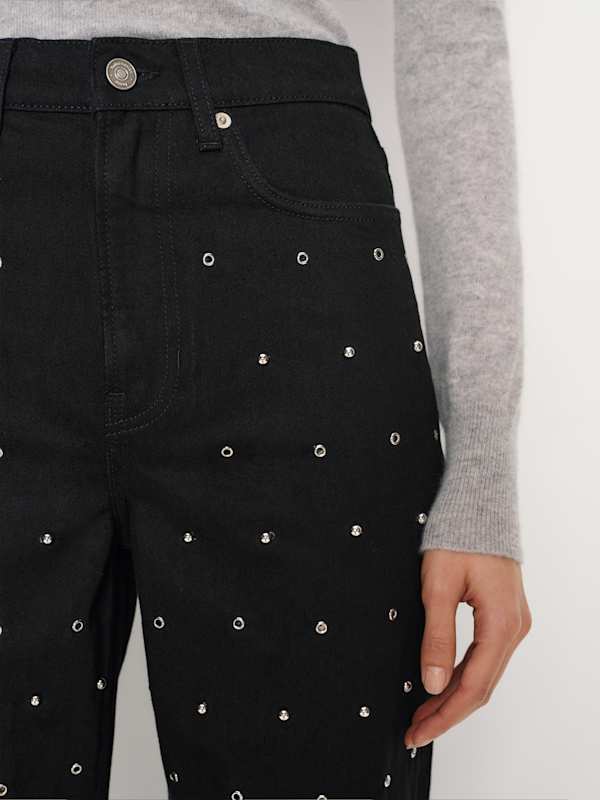 Harriet High Rise Relaxed Straight Jeans - Black Grommet