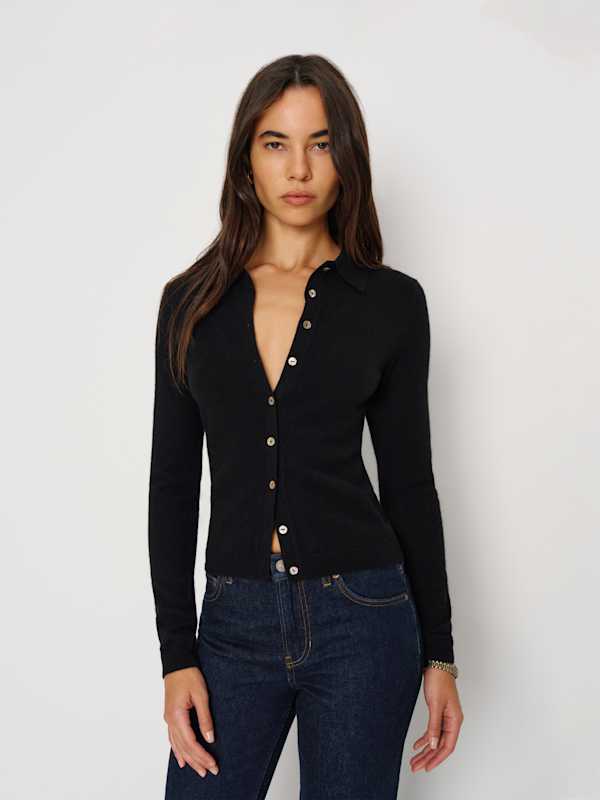 Florentina Cashmere Collared Cardigan - Black