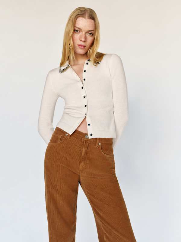 Florentina Cashmere Collared Cardigan - Gossamer Black Whipstitch