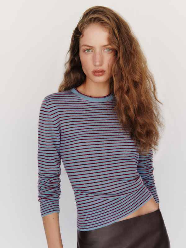 Lian Cashmere Crew Sweater - Bluebell Romance Feeder Stripe