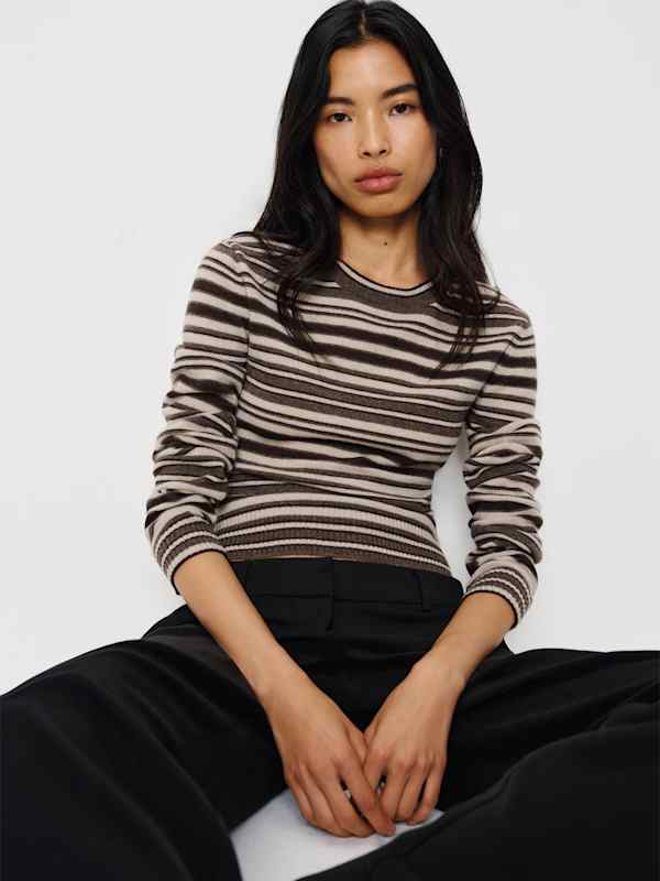 Lian Cashmere Crew Sweater - Brown Multi Stripe