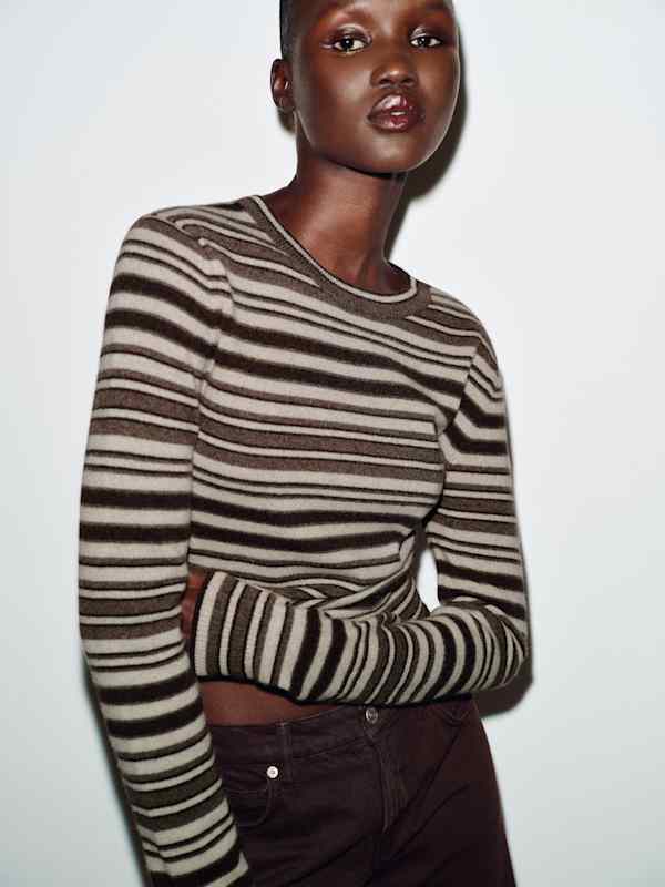 Lian Cashmere Crew Sweater - Brown Multi Stripe