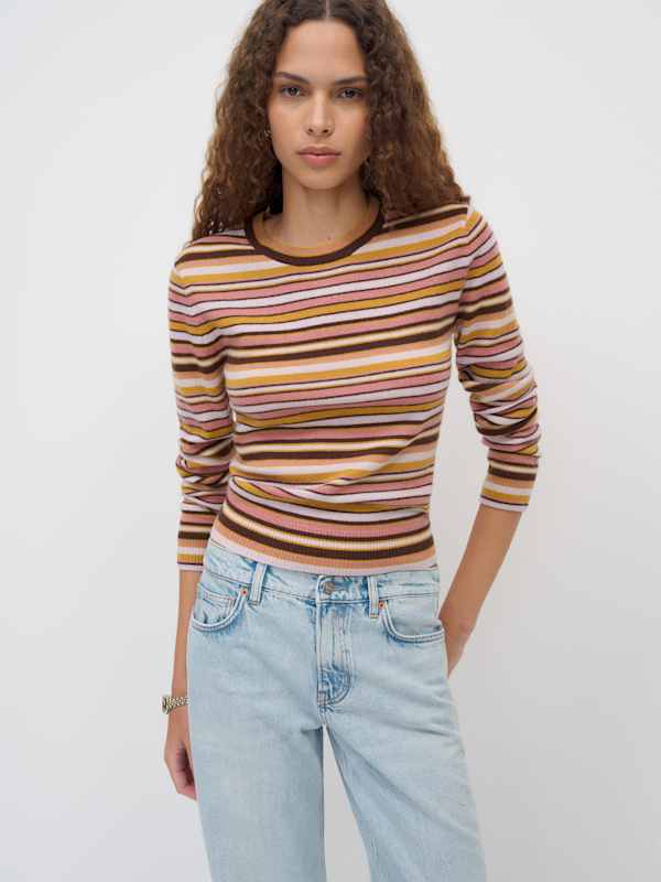 Lian Cashmere Crew Sweater - Dried Rose Multi Stripe