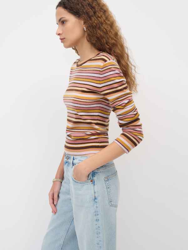 Lian Cashmere Crew Sweater - Dried Rose Multi Stripe