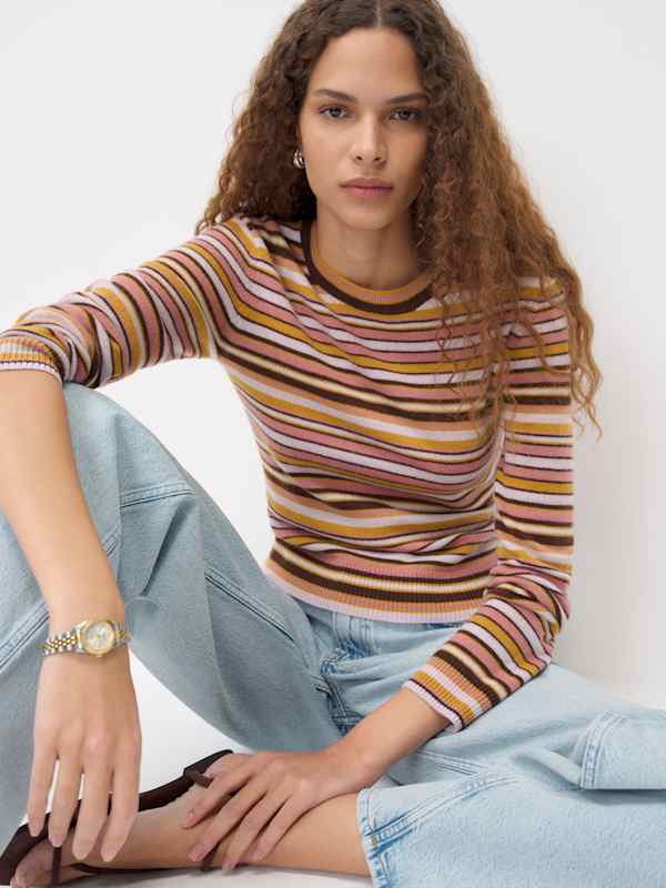 Lian Cashmere Crew Sweater - Dried Rose Multi Stripe