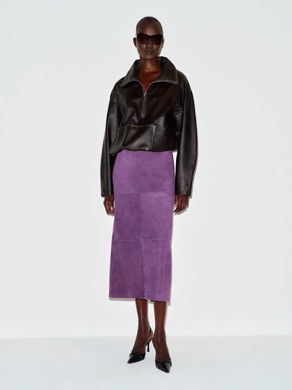 Veda Cole Low Waist Leather Maxi Skirt - Crushed Violet Suede