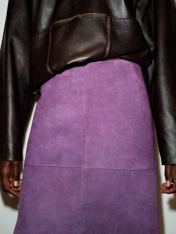 Veda Cole Low Waist Leather Maxi Skirt - Crushed Violet Suede