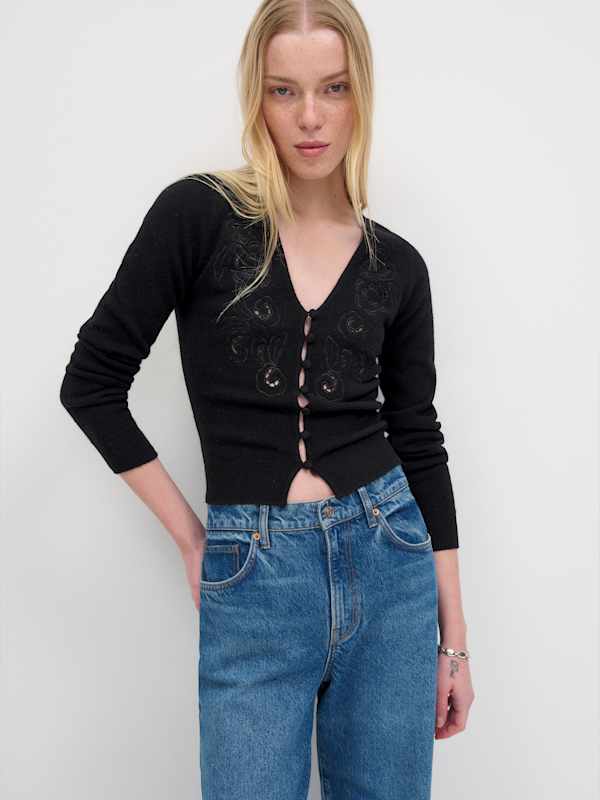 Lowen Regenerative Wool Embroidered Cardigan - Black