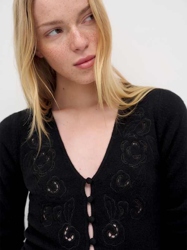 Lowen Regenerative Wool Embroidered Cardigan - Black